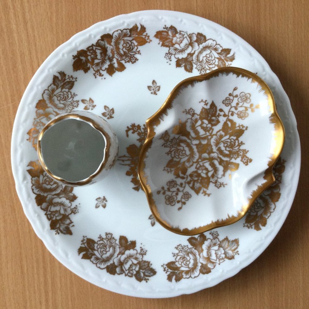 Vintage plates, egg server Porcelain de France gold leaf & flower lot of three